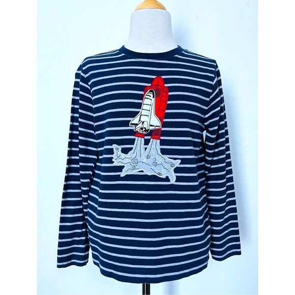HANNA ANDERSSON Boys 6/7 (120) Knit Striped Spaceship Appliqué Shirt - Picture 1 of 6